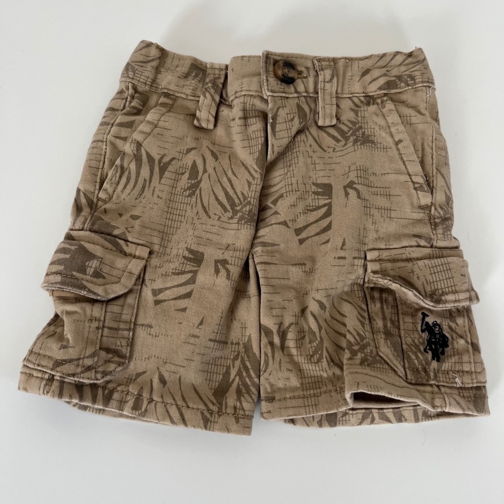 US Polo Assn Baby Boy Cargo Shorts Khaki Tan Tropical Palm Print 12M Cotton